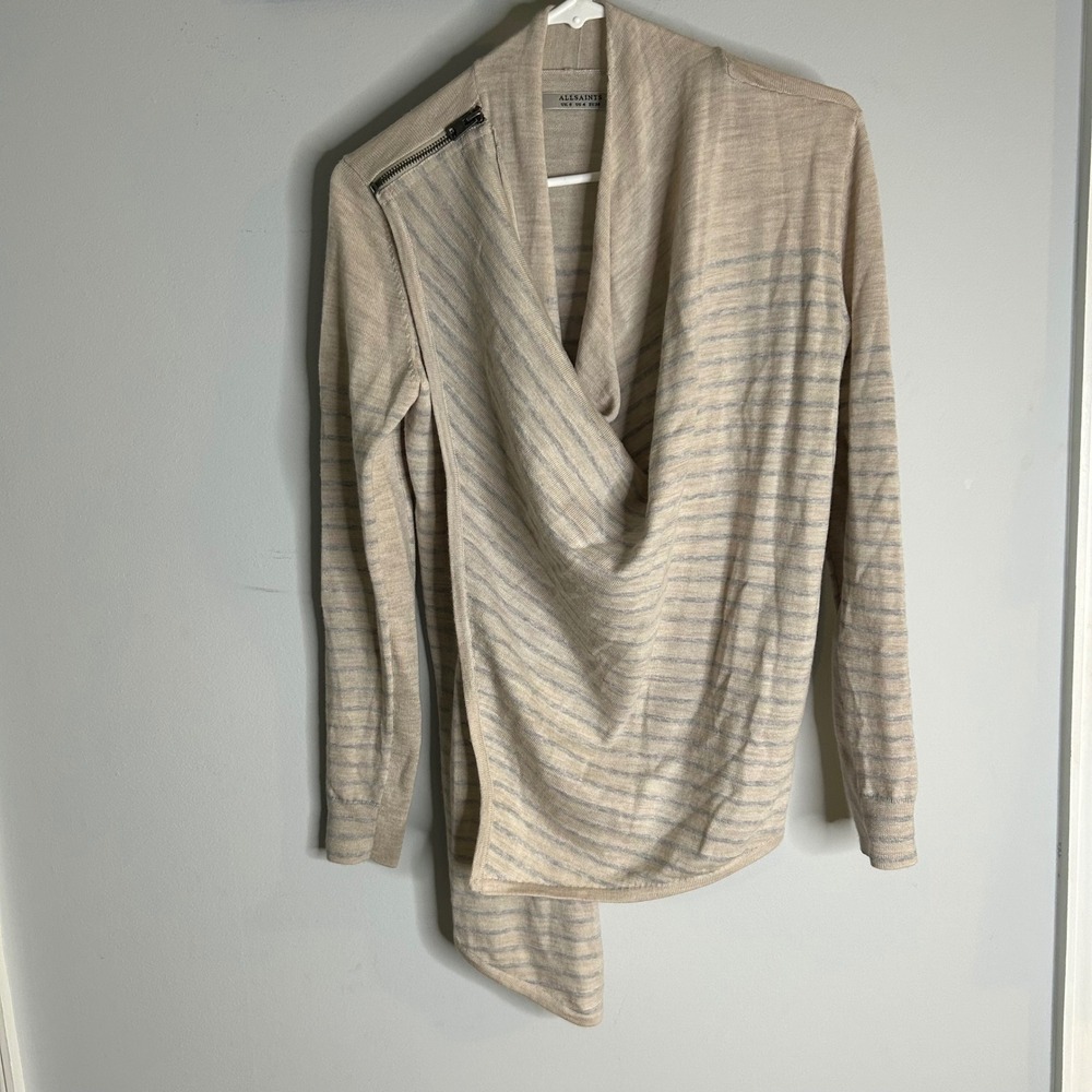 AllSaints Drina Striped‎ Cardigan Beige Gray Wool Asymmetric Drape Front Size 4